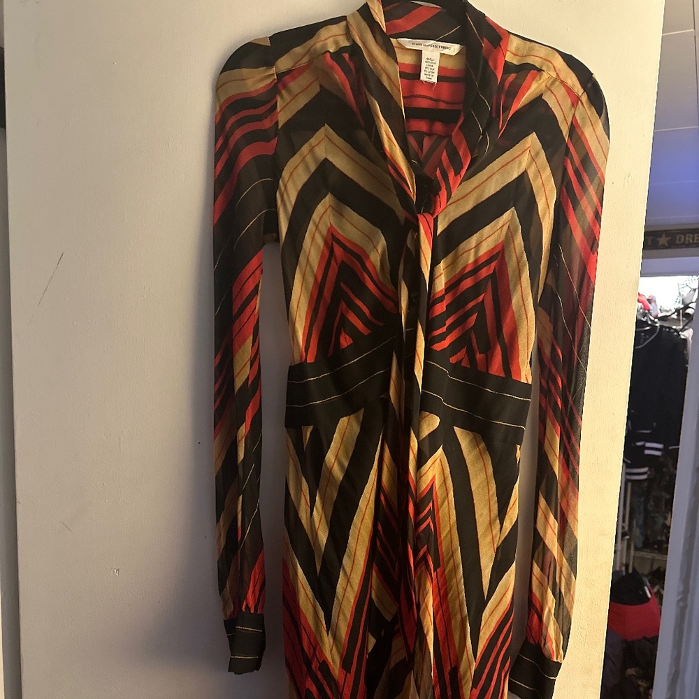 DVF Button down dress with stripes and slip underneath